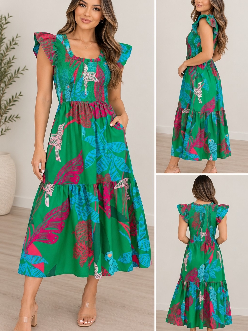 Sugarlips Green Tropical Midi Dress with Pink & Blue Accents
